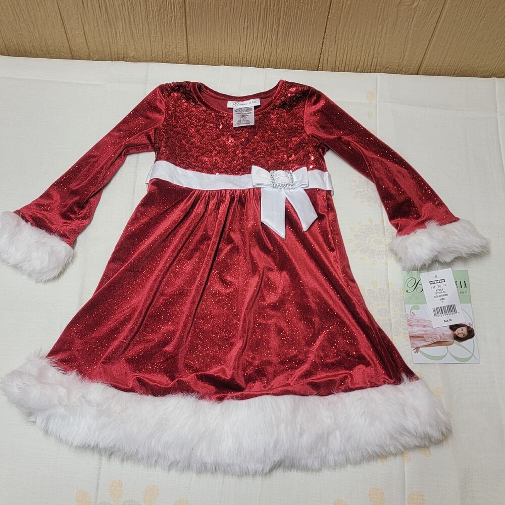 Bonnie Jean Dress Girls Size 4 Red Velvet Sequins Fur Christmas Party Holiday